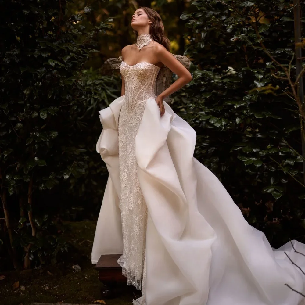 

Charming Sweetheart Satin Mermaid Wedding Dress Detachable Train Pearl Lace Bride Dress Arabic Wedding Dress Customized