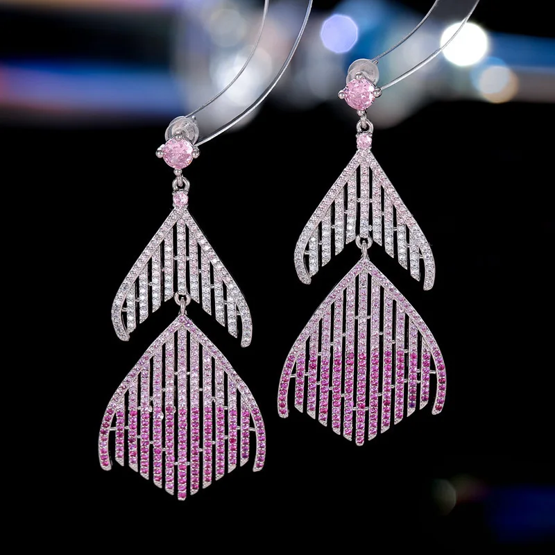 

Silver Gold Color Pink Mermaid Tail Earrings for Women Luxury Jewelry Shiny Zircon Dinner Party Wedding Bride Earrings Elegant