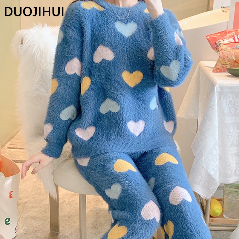 DUOJIHUI Two Piece Fashion Printing Warm Soft Female Pajamas Set Winter New O-neck Pullovers Basic Pants Loose Pajamas for Women