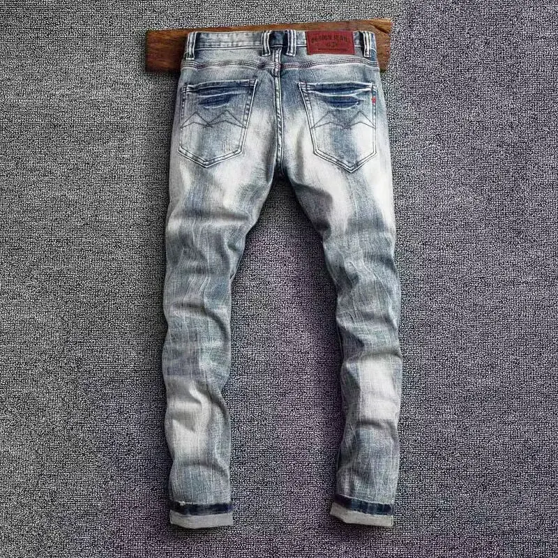 Newly Desigenr Fashion Men Jeans High Quality Retro Washed Blue Stretch Slim Fit Ripped Jeans Men Vintage Denim Pants Hombre