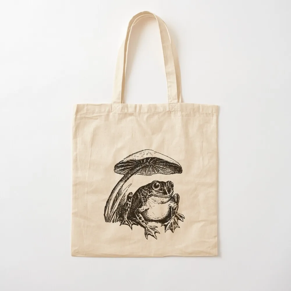 

Vintage Cottagecore Frog: Sad Toad Sitting Under Mushroom, Emo Goblincore Tote Bag Big bag Canvas Tote Bag