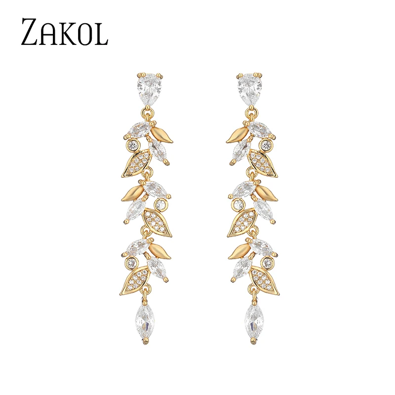 ZAKOL Exquisite Gold Color Leaf Drop Earrings for Women Tiny Cubic Zirconia Dangle Earring Elegant Korean Bridal Wedding Jewelry