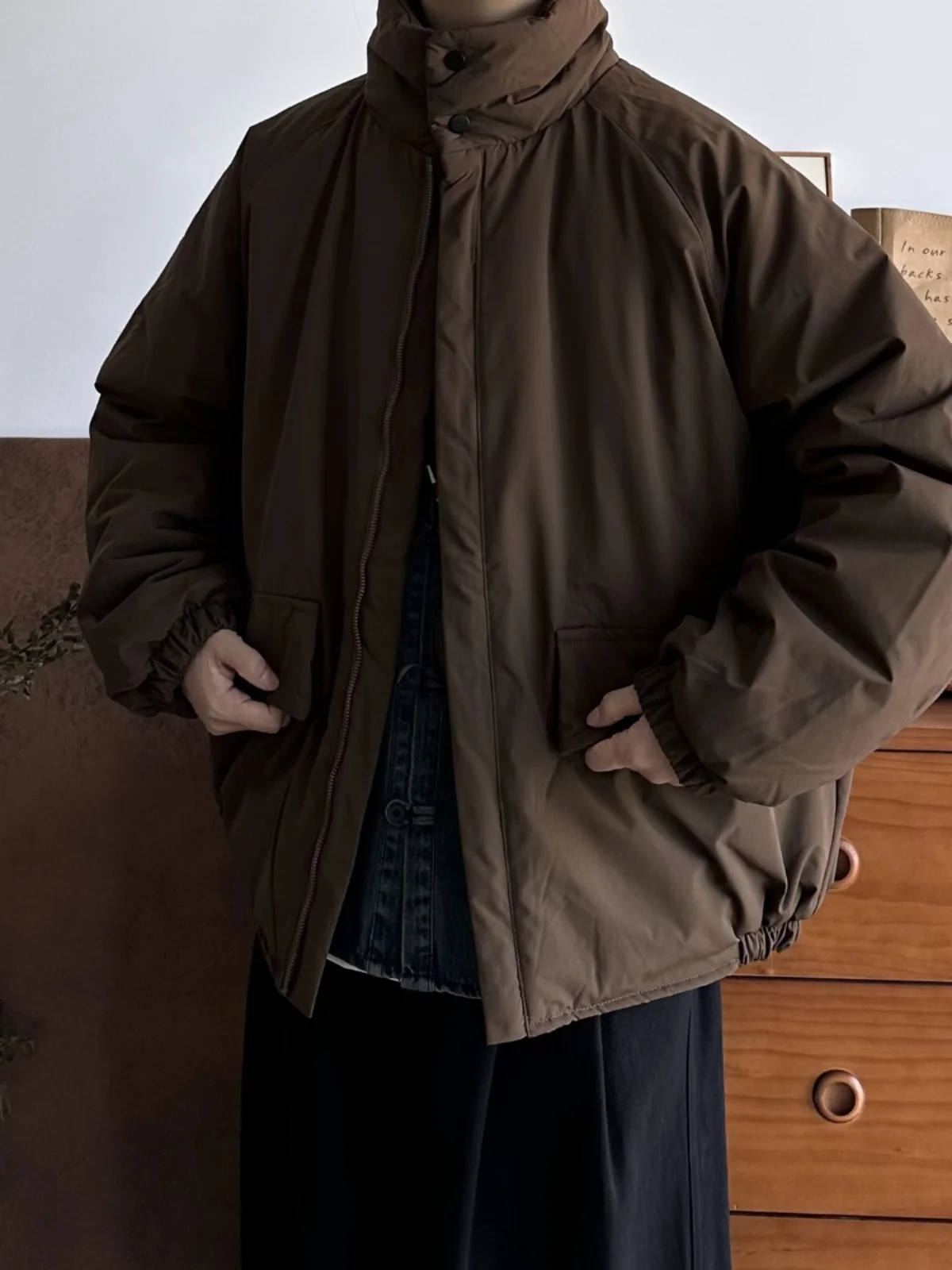 

Retro Japanese Sle Thiened Cotton Jaet Loose Fit Stand Collar ex Winter Workwear Warm Long Sve Zipper Closure