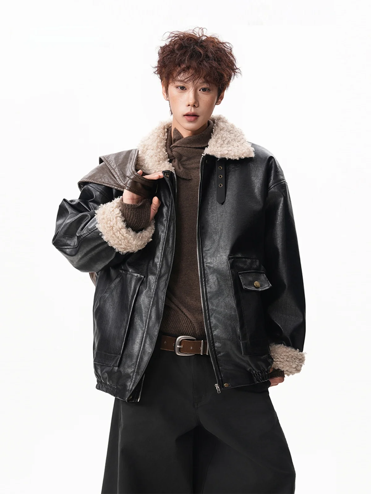 

American Sle Lamb Velvet Motorcycle Collar Thiened Winter Jaet Loose Fit Men's Cotton Workwear Coat Warm Casual Outerwear