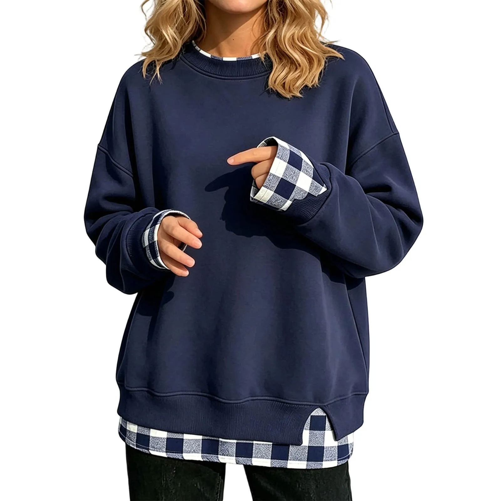 Women's Fake Two-Piece Oversize Sweatshirts With Plaid Hem Side Slit Long Sleeve Pullover Loose Fit Round Neck Sweatshirts Tops