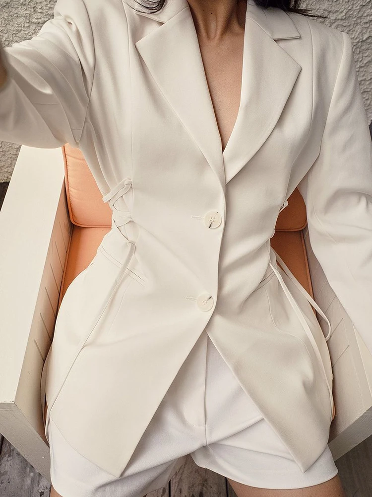 Summer New Women's Outwear Fashion Lapel Long Sleeve Side Lace-up Suits Coat Elegant Lady Solid Color Slim Button Commute Jacket
