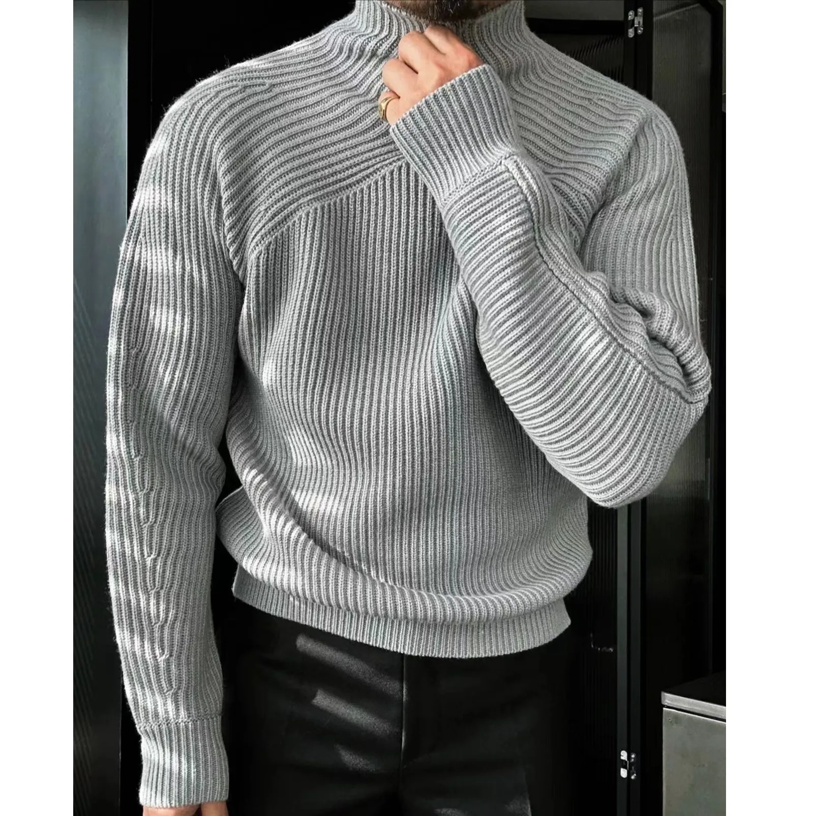 

Autumn Winter Thiened Loose Knitted Long Sve f High Collar Color Sweater Men's Simple Warm Base irt Youth Casual