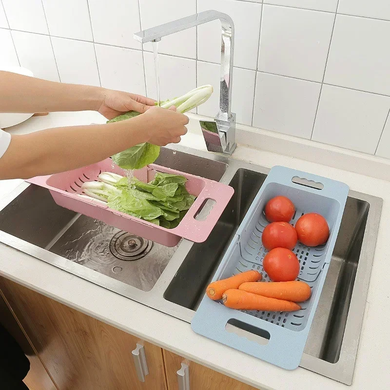Kitchen Portable Adjustable Dish Drainer Sink Drain Basket Washing Vegetable Fruit Plastic Drying Rack Accessories Supplies