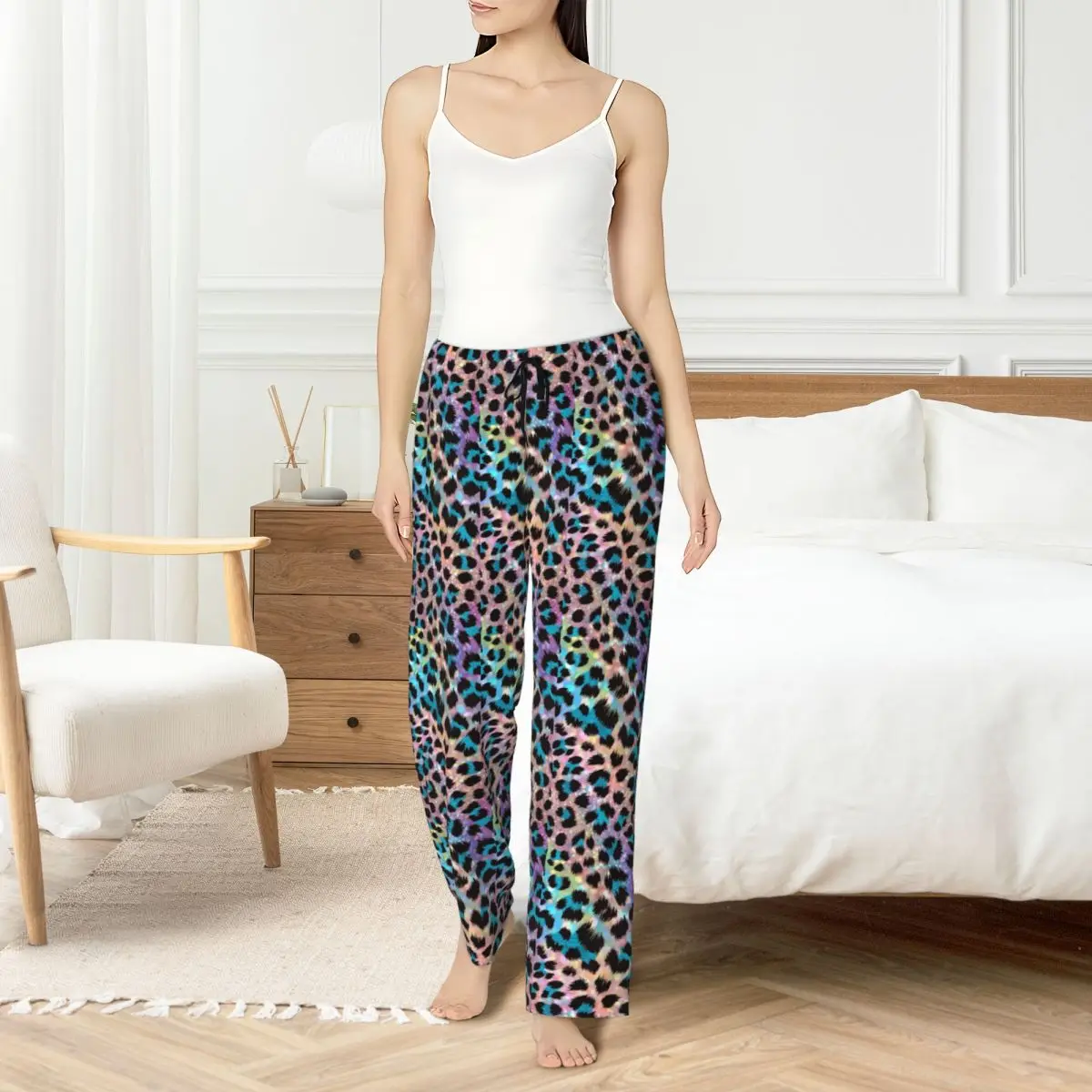 

Custom Leopard Print Colorful Pajama Pants for Women Lounge Sleep Drawstring Sleepwear Bottoms with Pockets