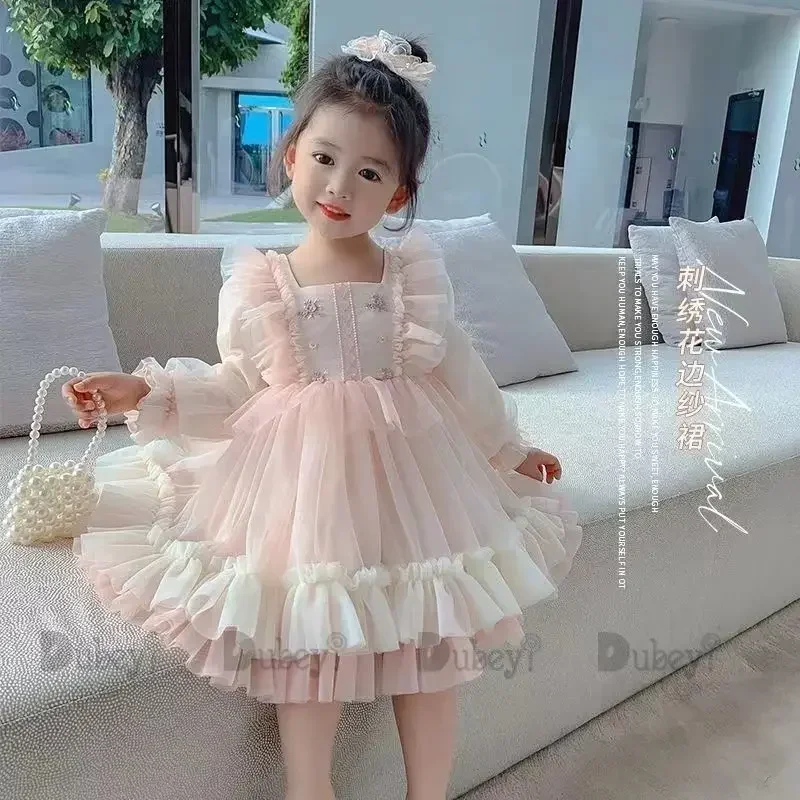 

Toddler Girls Lolita Dress for Kids Peach Long Sleeve Ruffles Embroidery Costume Fashion Flower Girls Dress Puff Puff Costume