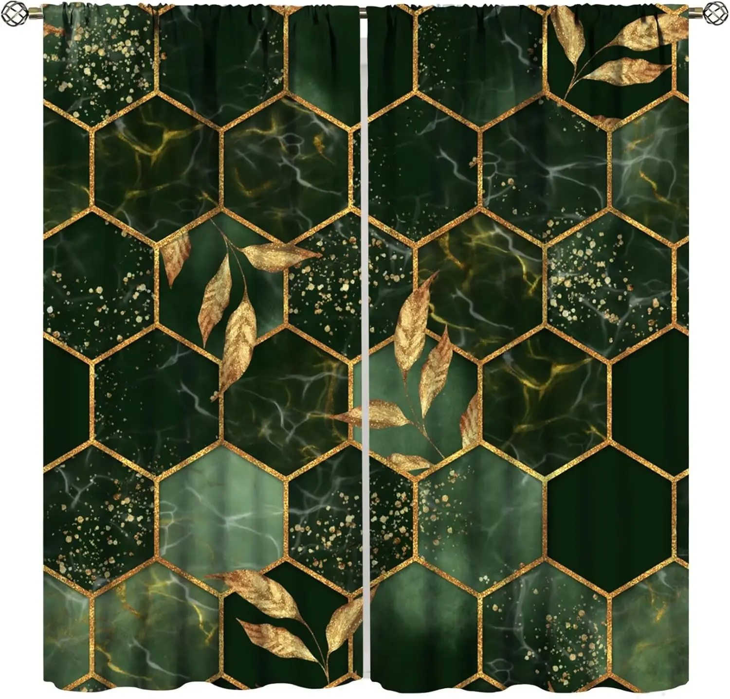 Marble Blackout Curtains, Emerald Green Abstract Geometric Hexagon Pattern Texture Yellow Leaf Art Texture Window Treatments