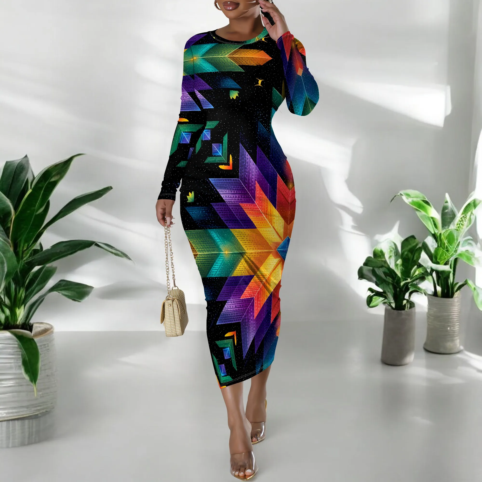 Rainbow Geometric Print, Long Sleeve Bodycon Dress, Colorful Pattern Maxi Gown, Party Club Wear for Women, XS-2XL