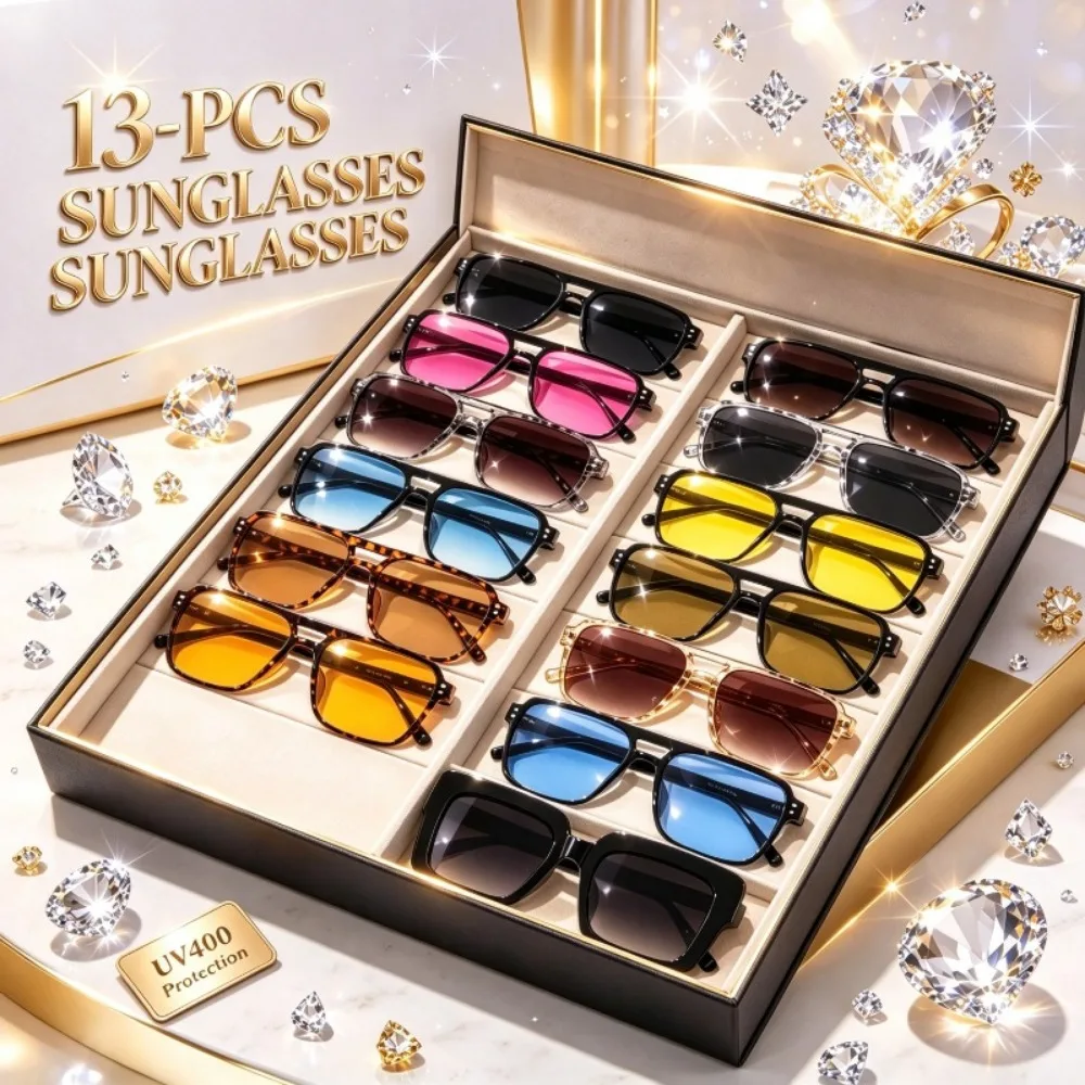 13 Pieces of Double-bridge Square Frame Sunglasses, Unisex Fashion Glasses, Various Multi-color Frames and Tinted Lenses, Randomly Sent in Colors and Styles, Fashionable Decorative Glasses for Men and Women Gifts, Suitable for Parties and Daily Matching