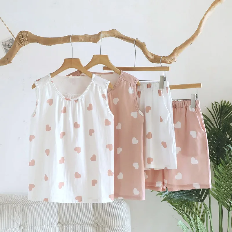 

2026 Summer New Women's Pajama Set 100% Cotton Gauze Thin Strap Sleeveless Tank Top Shorts Love Home Clothes Two Piece Set