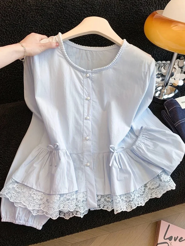 

Женская блузка с кружевными вставками и бантом, весенняя, с длинным рукавом, милый корейский стиль, повседневный шик, модный преппи-стиль