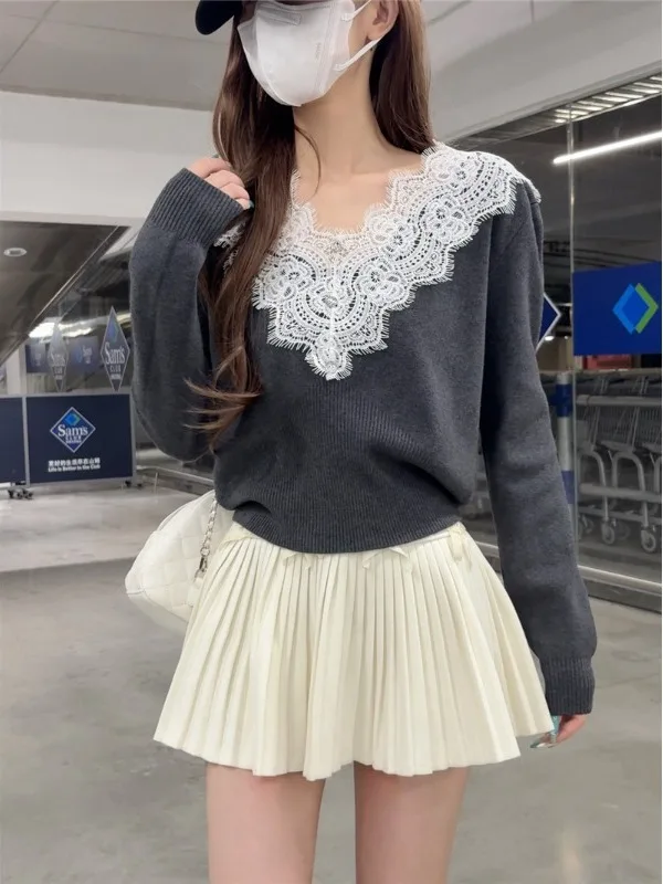 

Женский вязаный свитер с v-образным вырезом и кружевом, приталенный крой, внутренняя одежда, мягкий средний тонкий зимний длинный свитер све