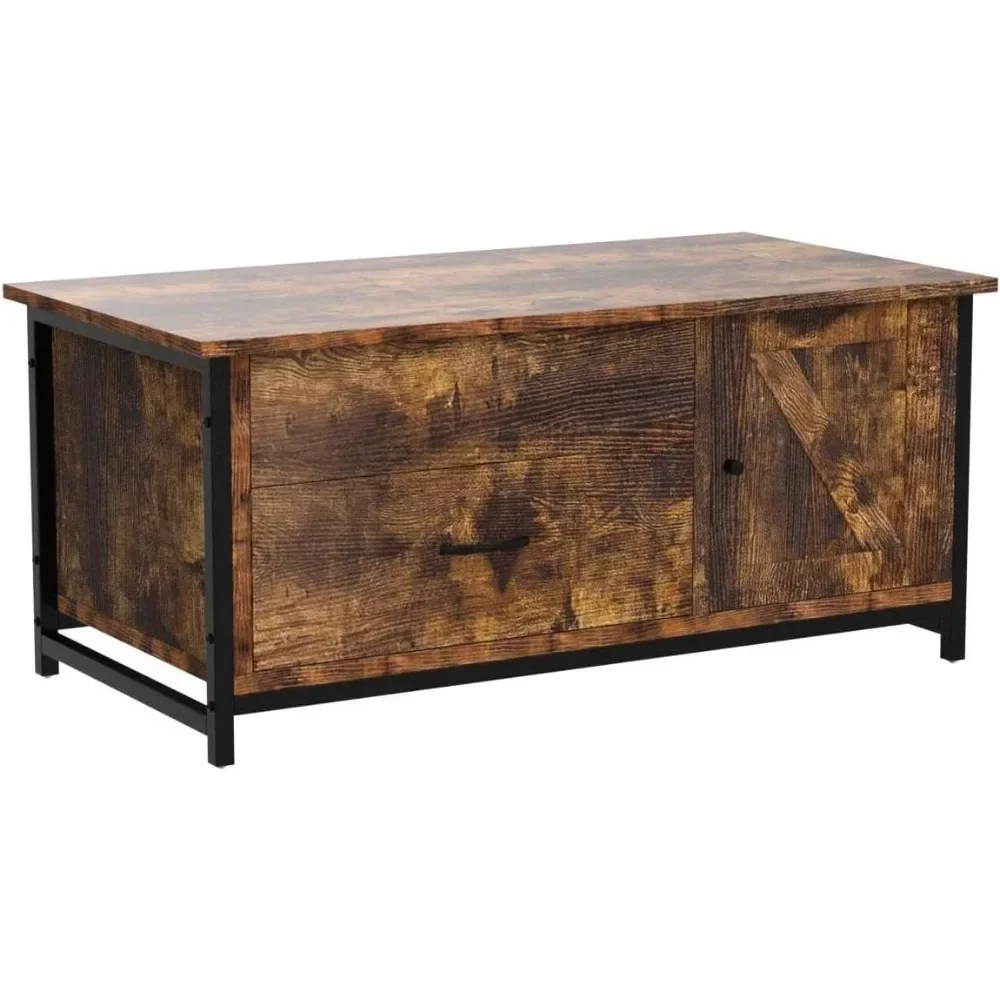 Table basse relevable avec rangement, compartiment GNE, armoire à porte de grange, table centrale, table basse, 41.7 po