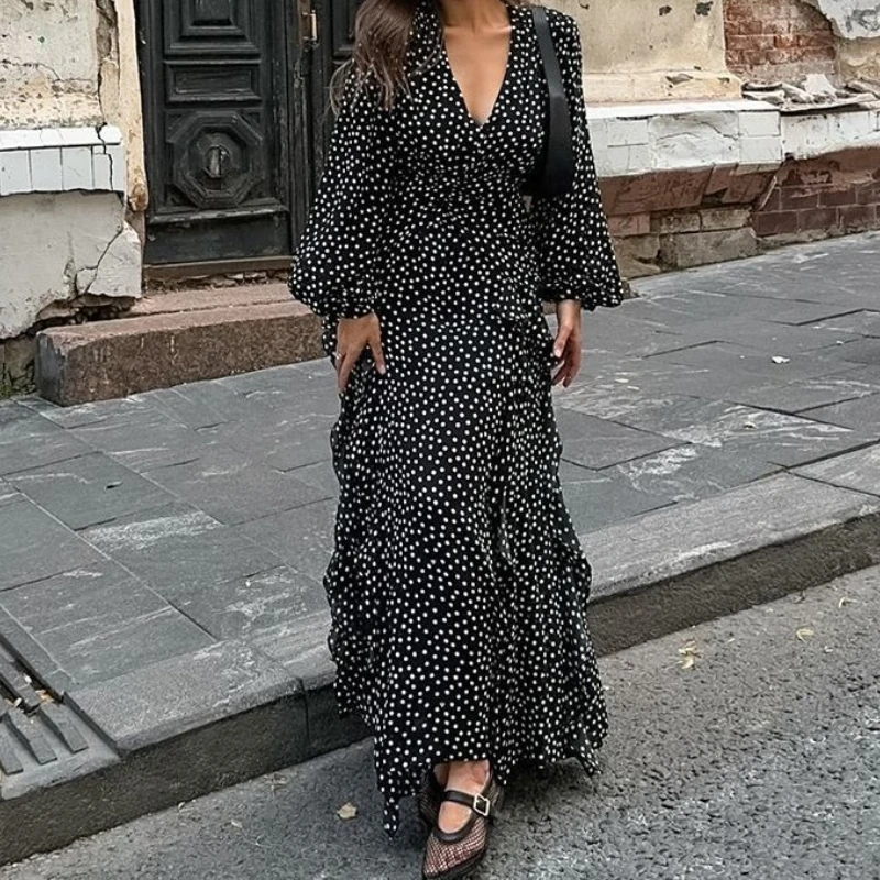 

2025 Spring and Autumn Vintage V-neck Bubble Sleeve Polka-dot Long-sleeved Ruffled Temperament Slim Women's Long Dress