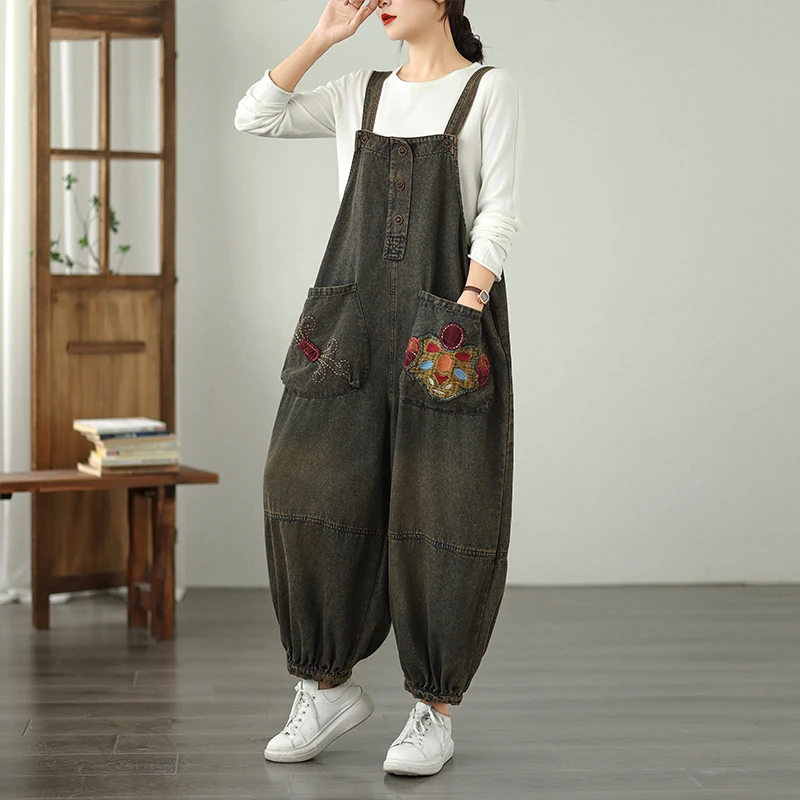 レトロなヘビー刺繍ソフトデニムワイドレッグパンツ大きいサイズカジュアル弾性ウエスト多用途快適な綿混紡ジーンズ