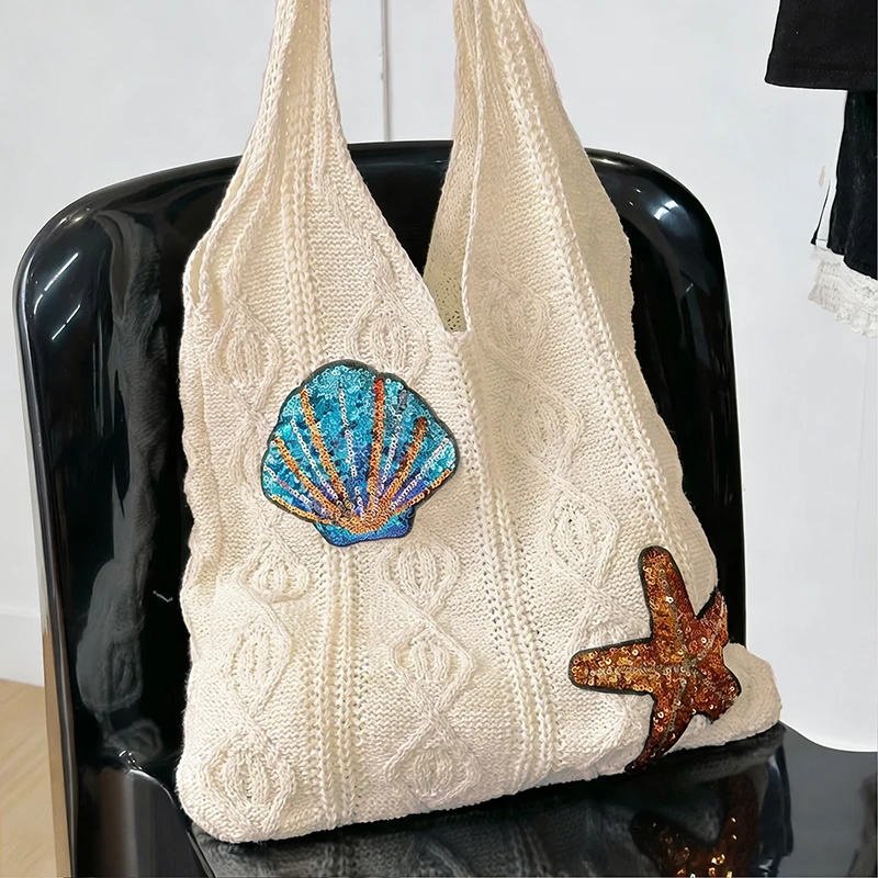 Wollene Große Stricktasche Schulter-Einkaufstasche für Frauen Baumwolle Mädchen Tragetasche Damen Handtasche Häkeltasche