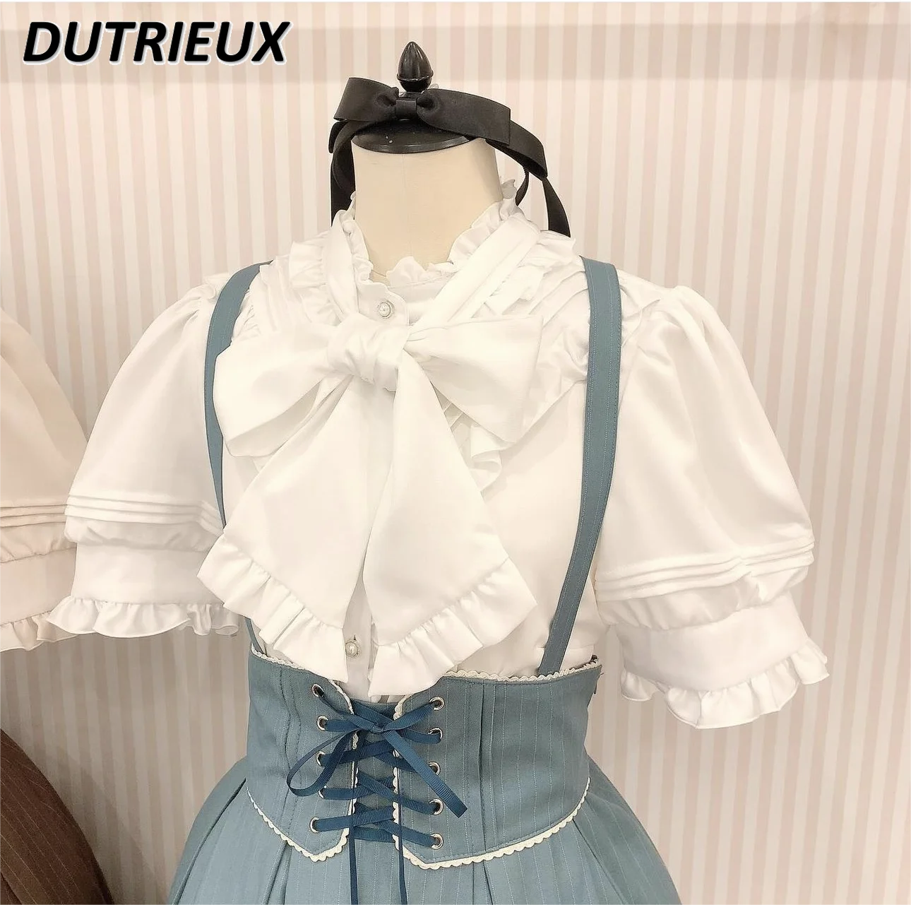 Summer New Japanese Heavy Industry Solid Color Shirt Wooden Ear Cute Sweet Tie-Neck Bowknot Short Sleeve Tops for Women