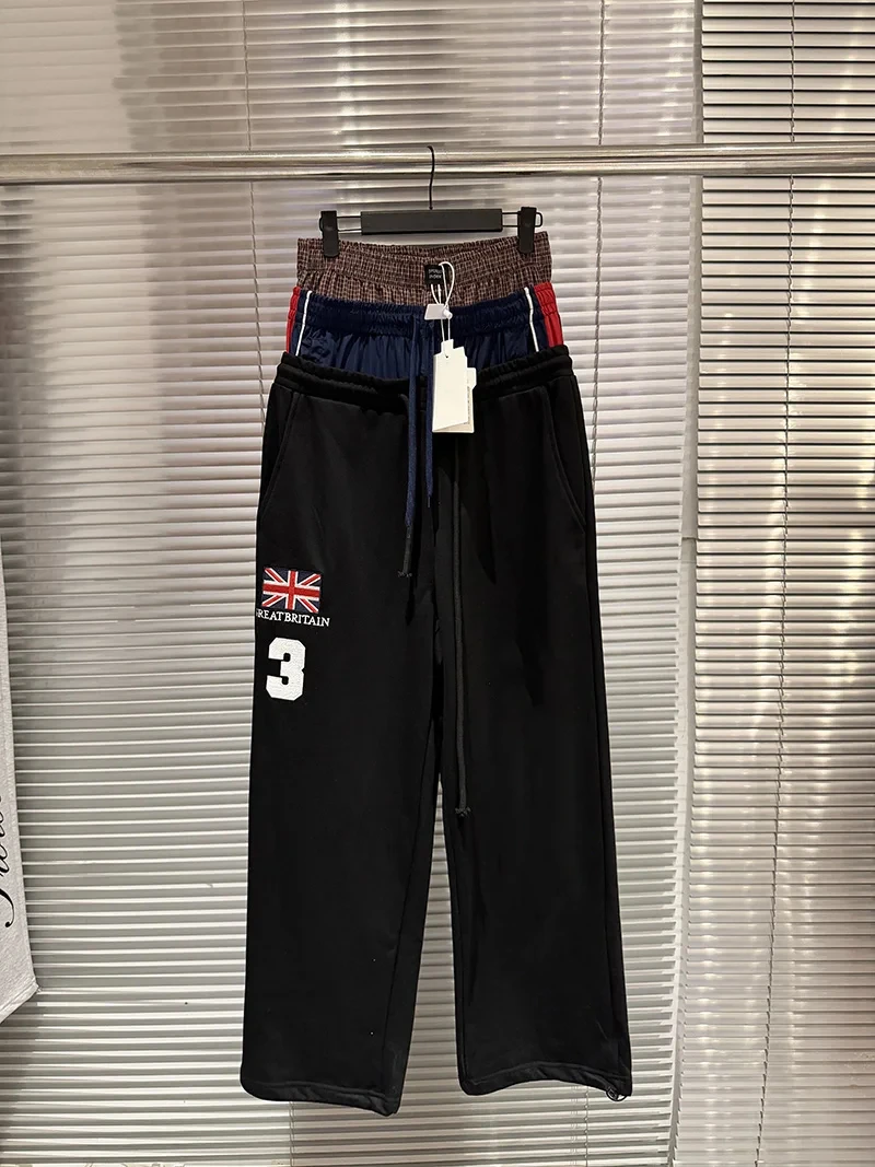 Fake Three Pieces Waist Design Sweatpants Men Women Embroidery Digit 3 Label Track Pants Black Gray Casual Wide Trousers