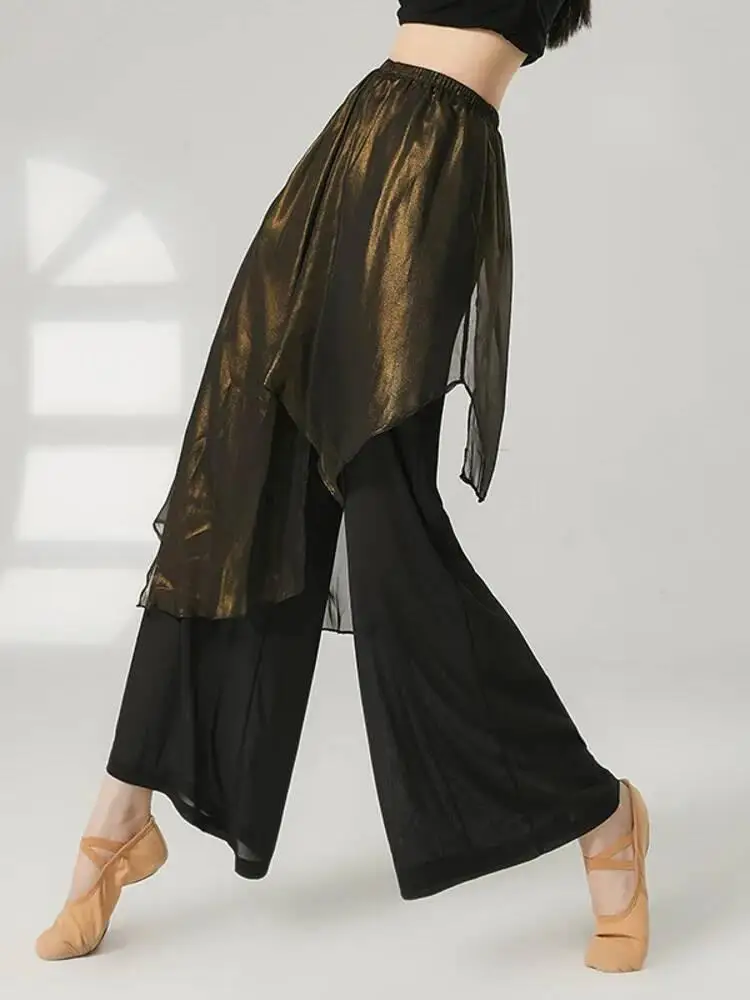 Pantalones divididos de gasa de cintura alta para mujer, pantalones de baile con apariencia en capas de Color sólido, traje moderno para actuación en escenario, ropa contemporánea