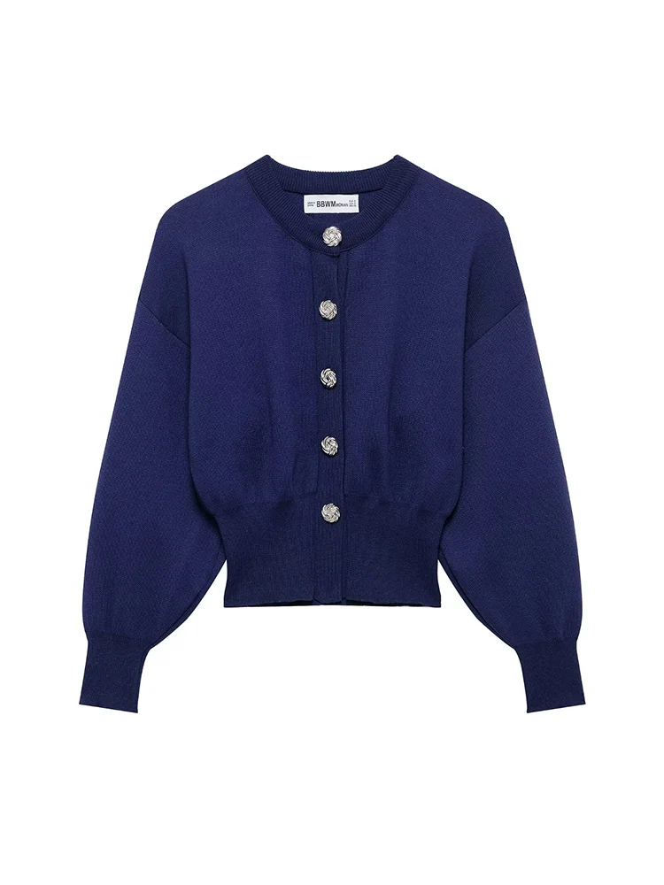 

KUCLUT Women Fashion Blue Single Breasted Knitted Sweater Vintage O-Neck Long Sleeves Female Chic Lady Outfits