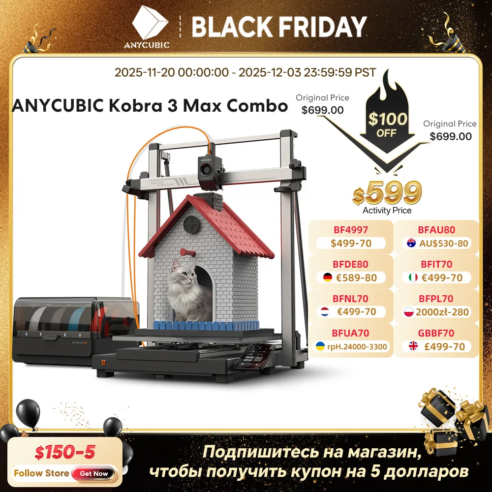 

ANYCUBIC Kobra 3 Max FDM Multi Color 3D Printer with Up to 600mm/s Print Speed Dual Gear Direct Extruder Build Volume 500*420*42