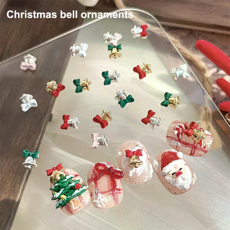 5Pcs Christmas Alloy Nail Accessories Mini Colored Bow Bell Rhinestones Jewelry Nail Art Charms Decorations 3D Flat Back Parts