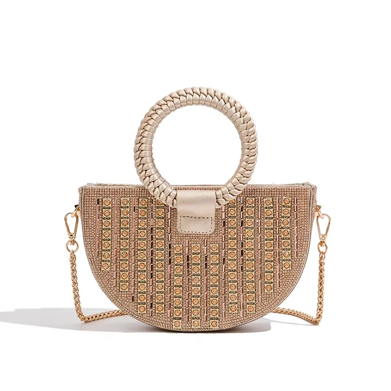 2026 Brand Luxury Designer Women's Evening Bag with Woven round Handle Big Diamond Shiny Crystal Half Moon Crossbody Handbag