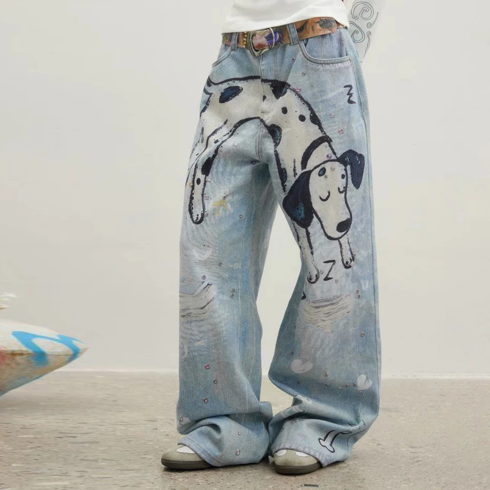Niche design hand-painted Dalmatian jeans broken diamond printed straight-leg pants  streetwear women korean