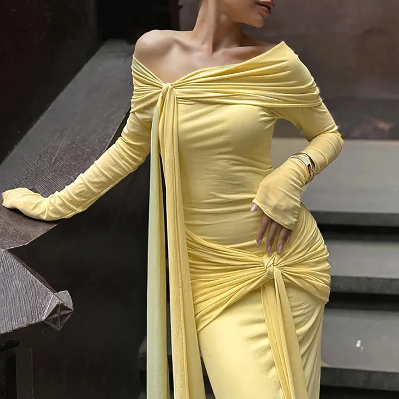 Spring Autumn Off Shoulder Long Sleeve Party Dress Womens Sexy Slash Neck Hollow Long Dress Elegant Lace-up Slim Bodycon Dresses