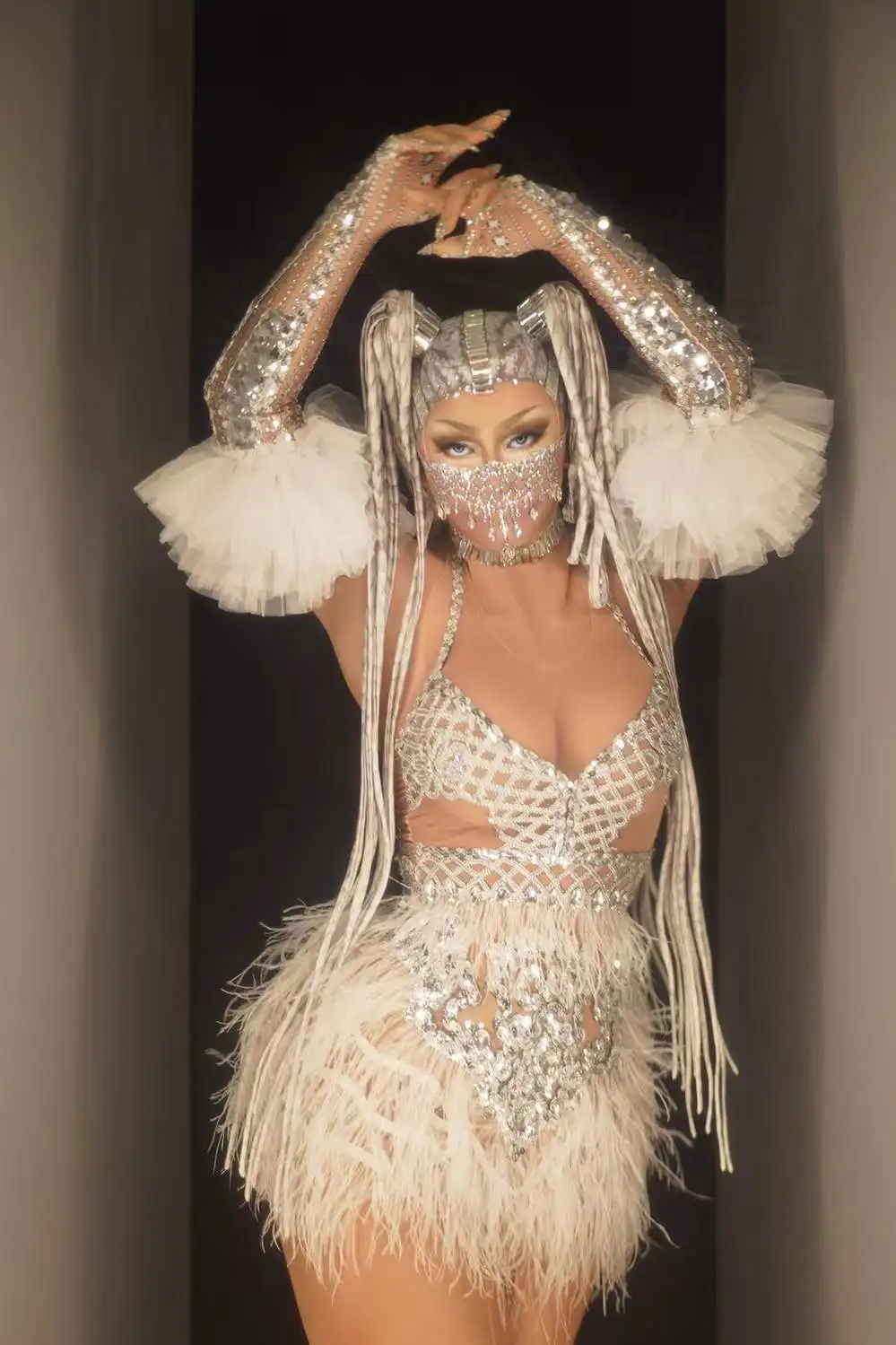 Sarung Tangan Gaun Bulu Payet Mengkilap Kostum Penari Pesta Ulang Tahun Gogo Bar Klub Malam Kostum Drag Queen Seksi Kostum Panggung Penyanyi