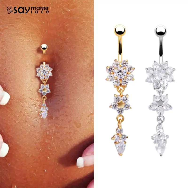 Trendy Sexy Crystal Metal Navel Nail Shiny Zircon Flower Dangle Belly Button Rings For Women Fashion Body Piercing Jewelry