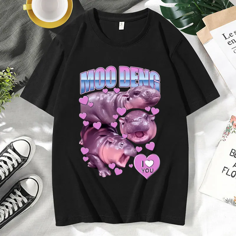 Funny Meme Moo Deng L Love You L Heart You T Shir Men's Clothing 90s Vintage Fashion Short Sleeves Oversized Cotton Tees Male