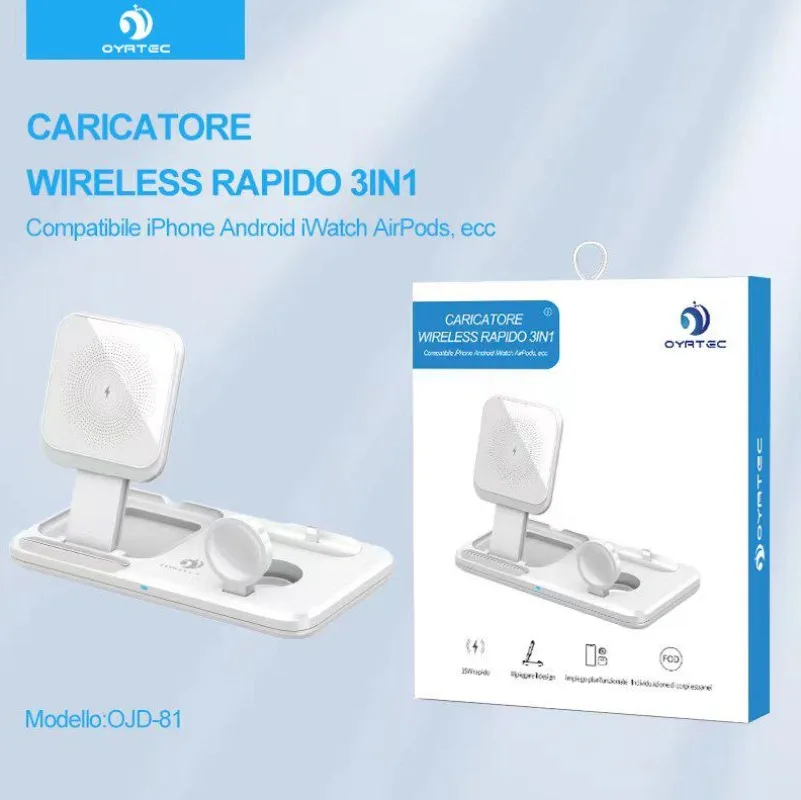 OYATEC OJD-81 Station de charge sans fil pliable 3 en 1, support de charge rapide sans fil pour iPhone, téléphones Android Qi, iWatch, AirPods, chargeur de voyage multi-appareils pour bureau.