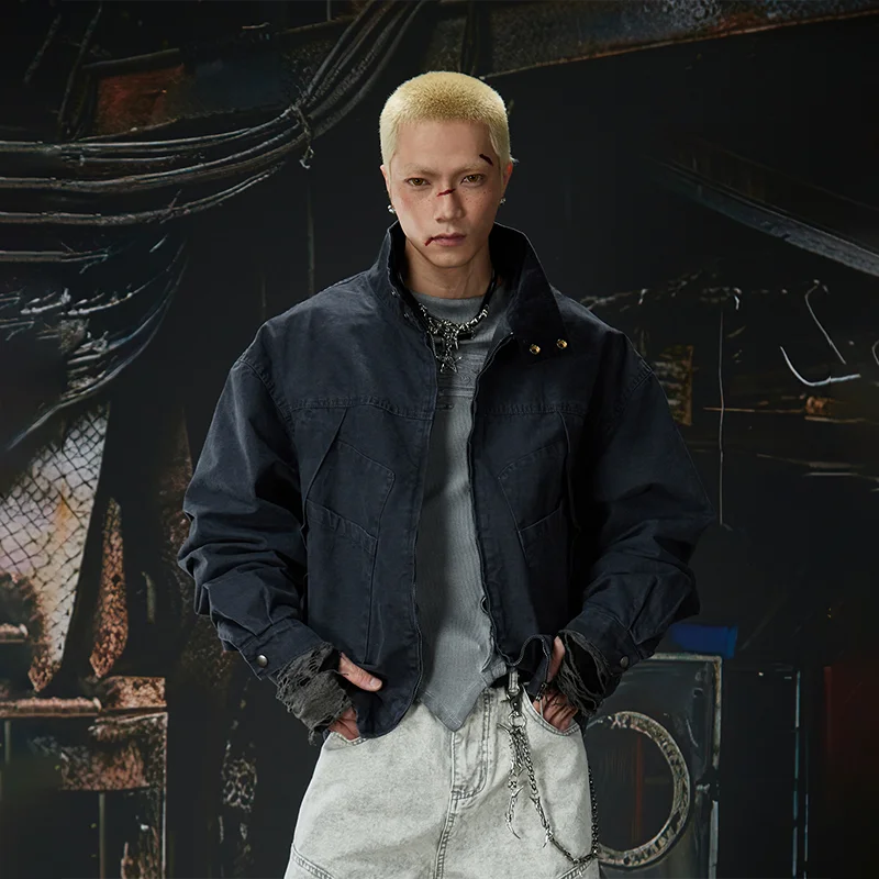 MWJLPWQ Deconstructed Layered Men's Denim Jacket Stand-Up Collar Washed Distressed Zipper Workwear Casual Tops Autumn New 13889