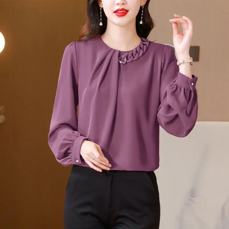 Temperament Fashion Simplicity Solid Color Atmosphere Versatile Montage Chain Age Reduction Women\'s Chiffon Shirt Autumn 2024