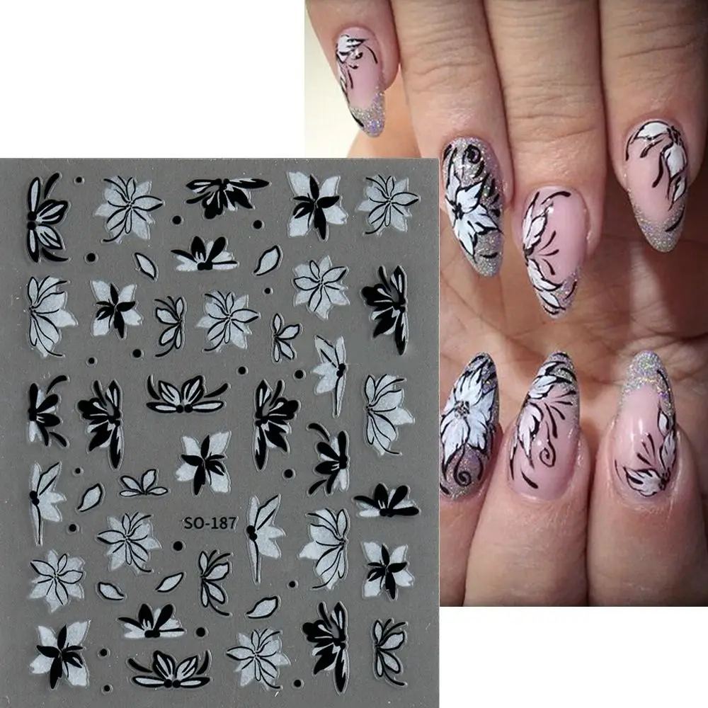 3D Charm Nail Art Stickers Floral Petal Simple Black White Flower Wedding Design Adhesive Slider Decals Nail Decoration