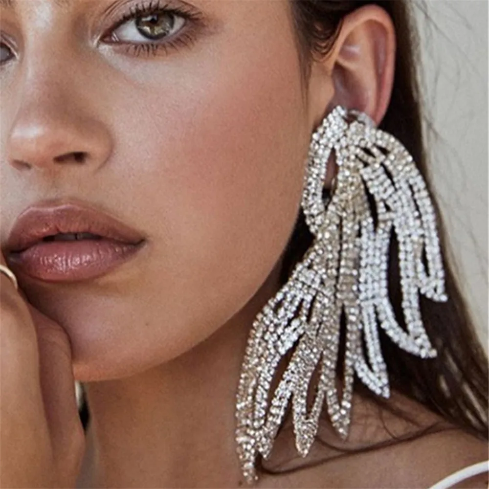 Exaggerated Rhinestone Oversized Wing Drop Earrings Dinner Jewelry for Women Crystal Irregular Big Dangle Earrings Accessories