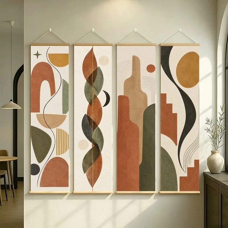 Wall Art Layered Leaves Moon and Organic Shapes, Wabi Sabi Abstract Pearlescent Canvas Hanging Scroll for Wellness Studio