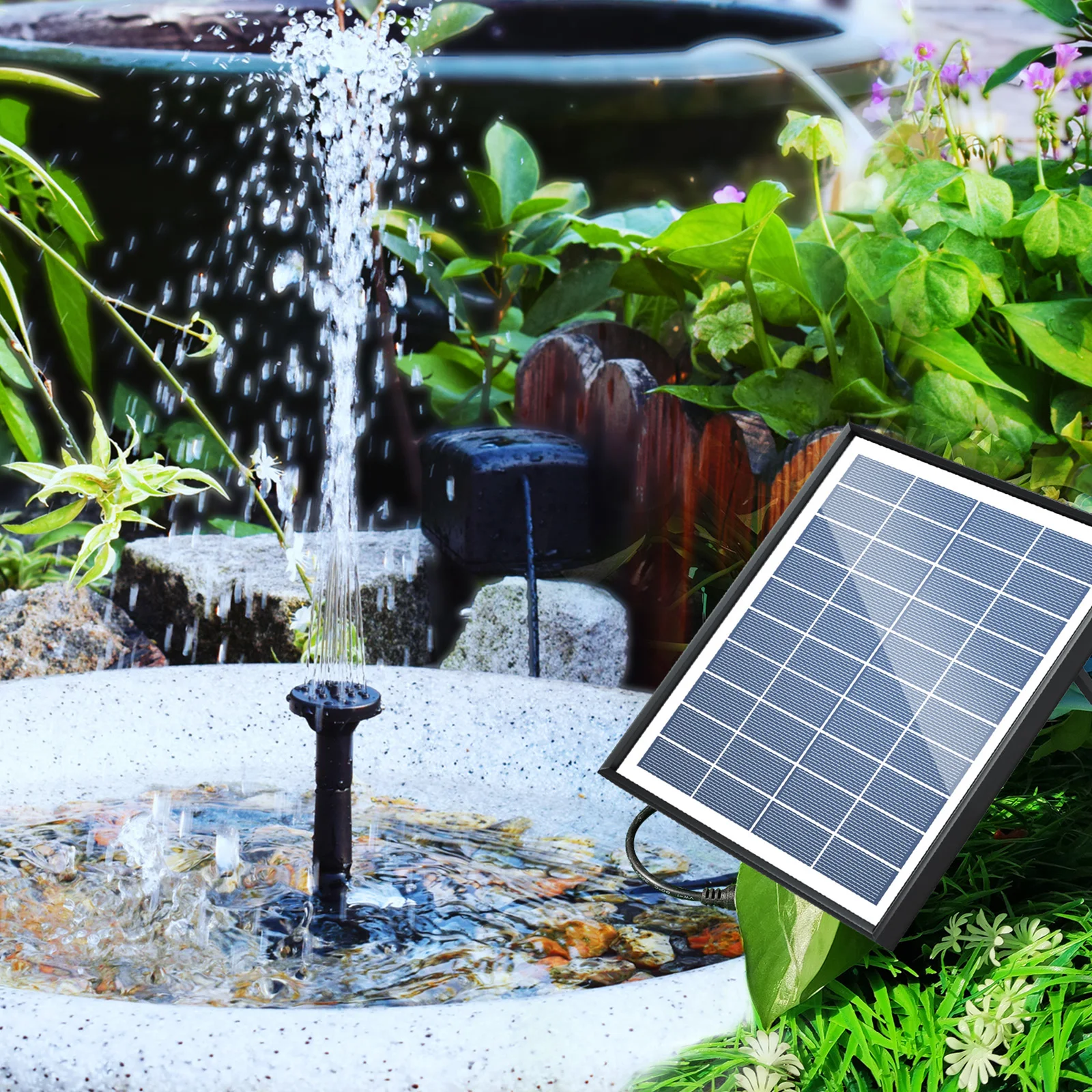 6.5W Solar Fountain Pump 200L/H Flow Rate Small Pond Pump DC Brushless Solar Powered Fountain Pump with 8 Nozzles 6 Modes for