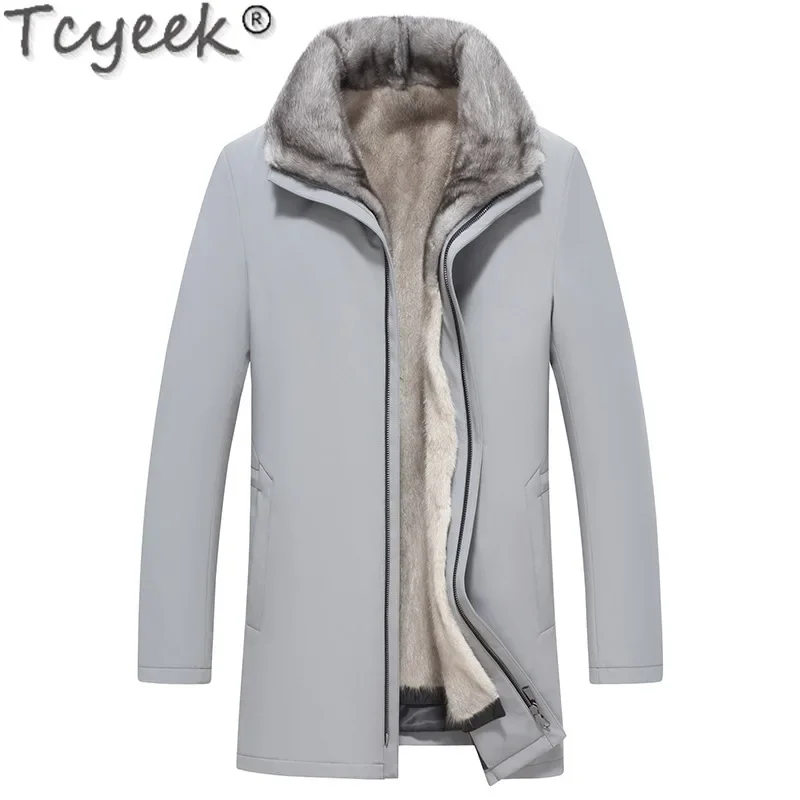 Tcyeek Natural Mink Fur Coat Men Winter Clothes Mid-length Parka Sliver Blue Mink Jacket Warm Real Fur Coats Куртка Мужская