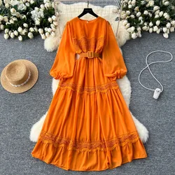 French Vintage O Neck Hollow Out Lace Patchwork Long Lantern Sleeves Korean Fashion Dresses Women's Autumn Waist Sweet Clothing