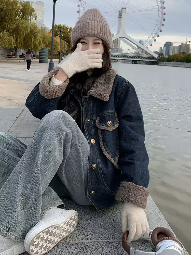 

Denim Coat Black Sexy Fur Plush Womens Winter Regular-Fit Sweet Cool Girl Urban Social Anti-Wrinkle Padded Hooded Drawstring Y2K