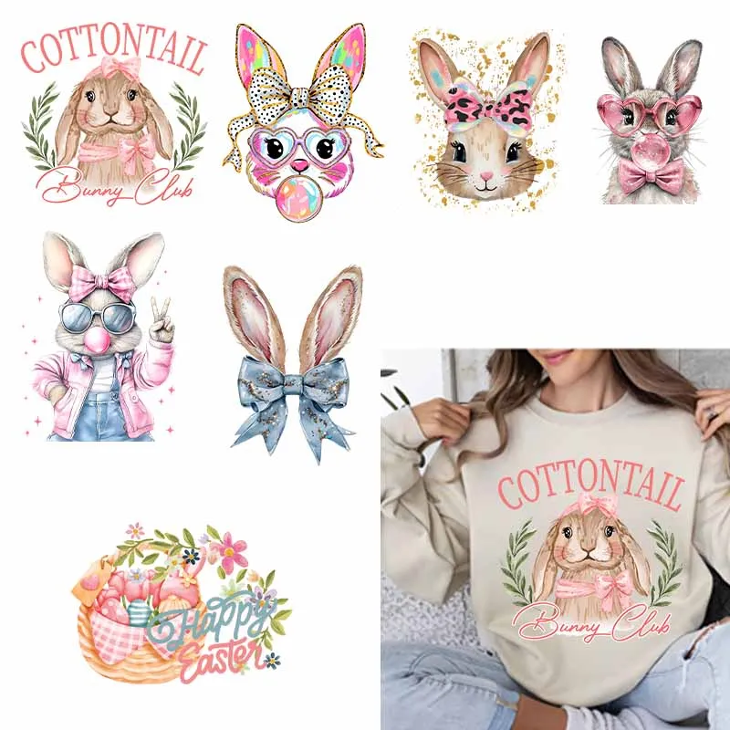 

Easter DTF Transfer Sticker For T Shirts Rabbit Bowknot Theme Iron On Print Patch Cartoon Fashion Heat Transfer Appliqued Cloth