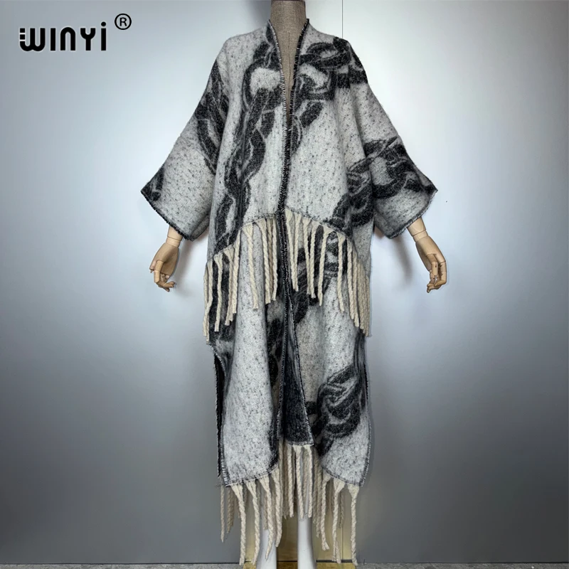 

WINYI зимний ретро кардиган для женщин, модное роскошное длинное меховое свободное пальто с кисточками, толстое теплое длинное пуховое пальто, модное кимоно