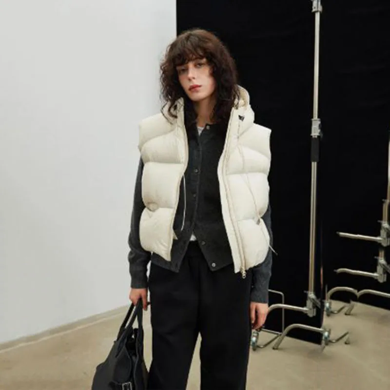 Vrouwen Vest 2025, Nieuwe Herfst Winter Warme Capuchon Witte Ganzendons Leisure Vrouwen Donsvest Effen Kleur Vrouwen Donsjack H441