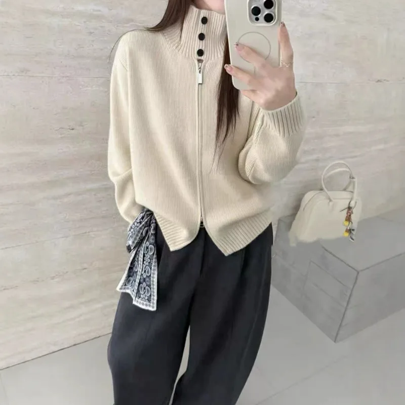 Solid Color Long-sleeved Button-up Collar Double-ended Zipper Knitted Cardigan Top Women's Autumn and Winter Retro Loose Sweater